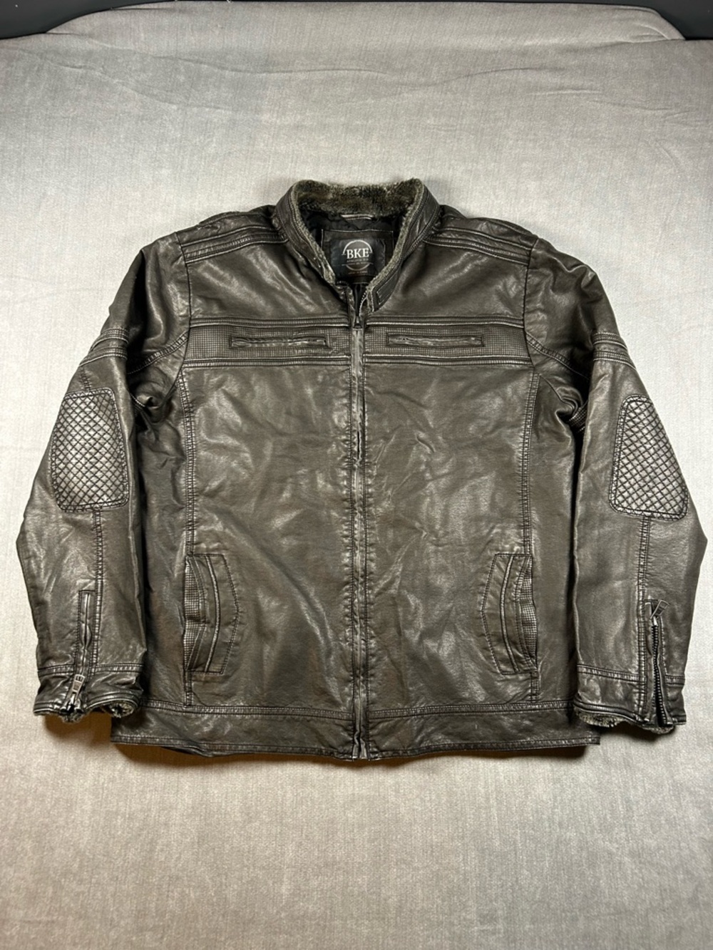 BKE Men's Dark Brown Faux Leather Motorcycle Bomber Jacket Size XL